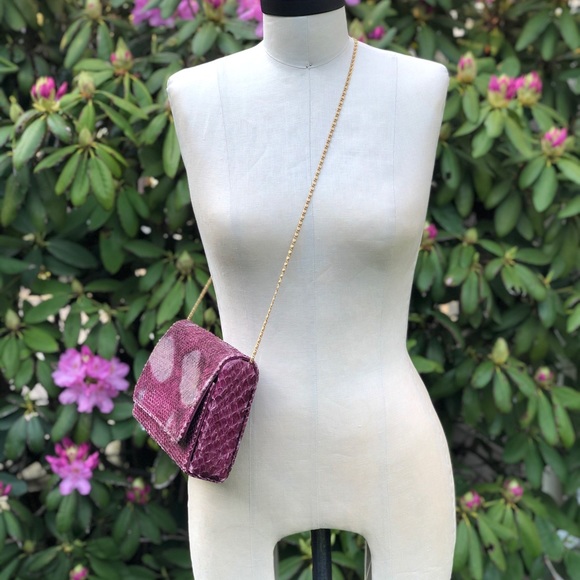 Vtg Purple Python Snakeskin Gold Chain Clutch Bag - Picture 5 of 17